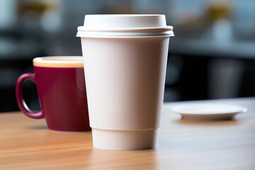 Closeup of a white paper cup of coffee on a table in an empty cafe without people