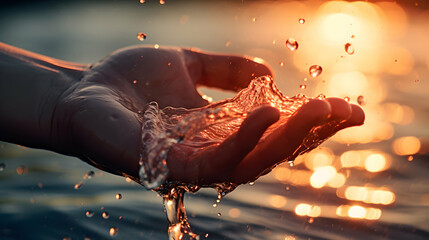 Hand with raised water, dwindling water resources, pouring water - obrazy, fototapety, plakaty