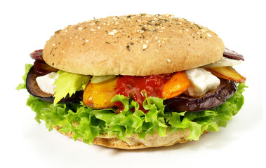 Vegetarian Hamburger with grilled Vegetables and Feta Cheese