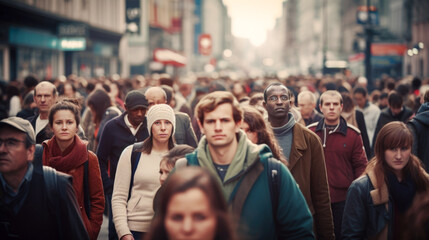 A bustling scene of a crowd filling the street with a mass of pedestrians - obrazy, fototapety, plakaty