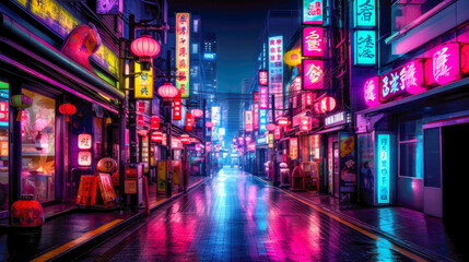 Fototapeta premium The nocturnal charm of city streets illuminated by vibrant neon signboards