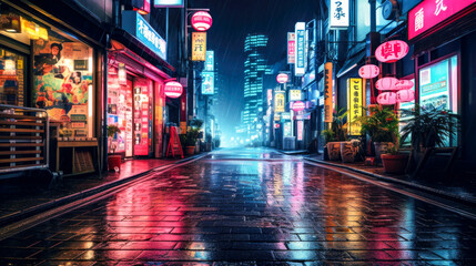 The enchanting cityscape at night, featuring lively streets illuminated by a variety of colorful neon signboards - obrazy, fototapety, plakaty