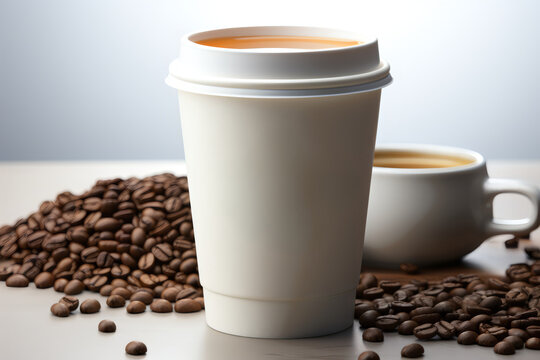 Closeup of a white paper cup of coffee on a table in an empty cafe without people