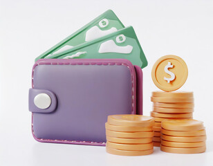 3D Money Saving icon concept. Wallet, bill, coins stack, and credit card on isolate white background, 3d rendering illustration