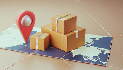 3d cardboard boxes are ready for delivery, destination map, and cargo delivery concept. 3d render illustration