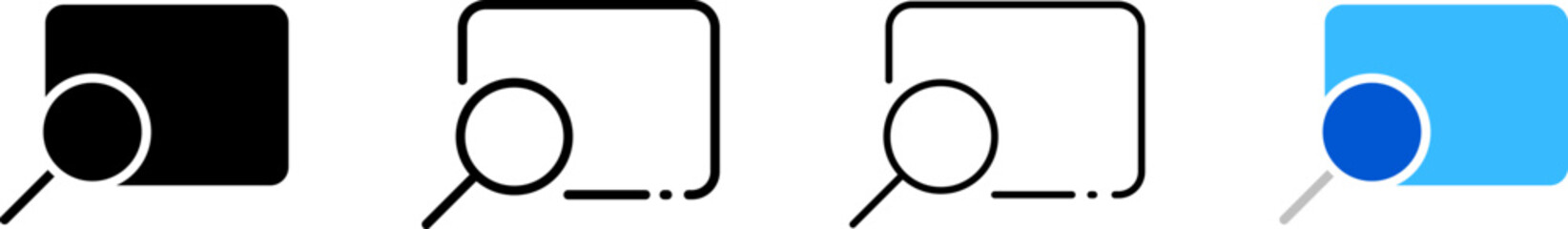 Magnifying glass search icon. Different styles, a set of search buttons, a magnifying glass on the screen. Vector icons