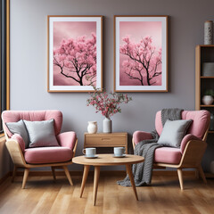 Pink chairs by the wall with two frames for art poster layouts. Interior design of modern living room	