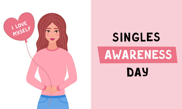 singles awareness day, girl with balloon, love myself. Vector Illustration for backgrounds and packaging. Image can be used for greeting cards, posters and stickers. Isolated on white background. - Powered by Adobe