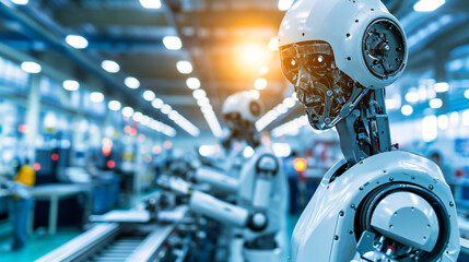 Fototapeta premium Advanced Robotic Technology: A futuristic industrial robot arm working in a modern factory, showcasing automated manufacturing and technology