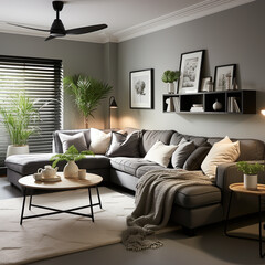Scandinavian interior design modern living room with fan lamp on the ceiling with gray sofa