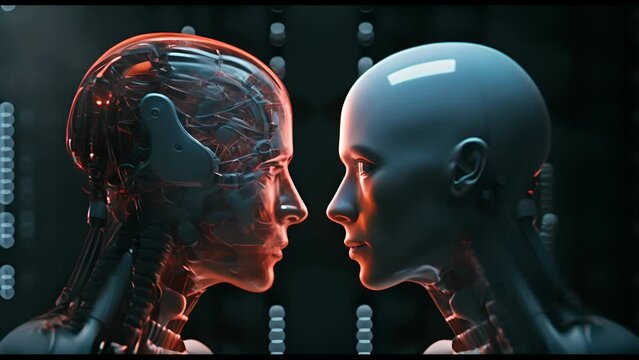 Couple in love: a man and a futuristic android robot. Technological sci-fi background. Relationship between human and artificial intelligence.