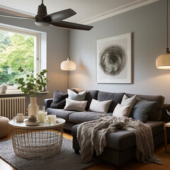 Scandinavian interior design modern living room with fan lamp on the ceiling with gray sofa - obrazy, fototapety, plakaty