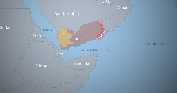Animation of map Yemen and surrounding countries, Houthi-controlled territory marked. Conflict in the Red Sea.