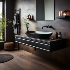 Stylish black vessel sink and faucet on wall mounted wooden countertop near concrete tiled wall. Minimalist interior design of modern bathroom