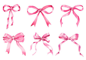 set of pink bows ribbon hand drawn on transparent background.