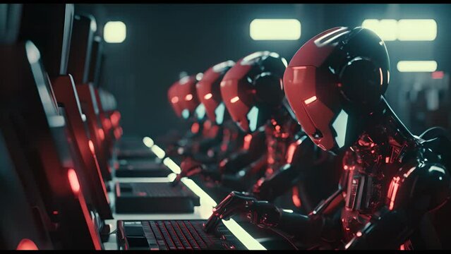 Robots working on futuristic factory. Technology, robotics, artificial intelligence and future.