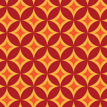 Mid Century Modern orange and yellow atomic starbursts seamless pattern on red background. For Wallpaper, home decor and fabric 
