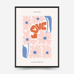 Modern Romantic, Valentine's day vertical flyer or poster template. Love hand drawn trendy illustration.