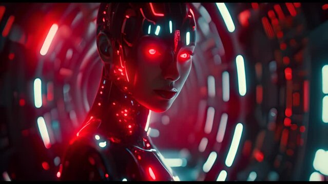 Beautiful cyborg girl on a technological background. Futuristic robot woman. Technology, robotics, artificial intelligence and future concept.