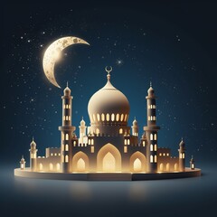 Ramadan Kareem background with mosque and crescent moon.AI.