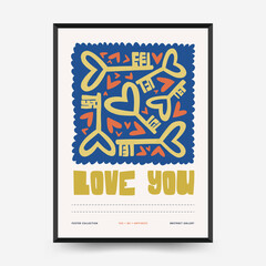 Modern Romantic, Valentine's day vertical flyer or poster template. Love hand drawn trendy illustration.