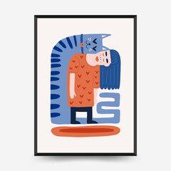 Modern Romantic, Valentine's day vertical flyer or poster template. Love hand drawn trendy illustration.