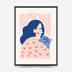 Modern Romantic, Valentine's day vertical flyer or poster template. Love hand drawn trendy illustration.