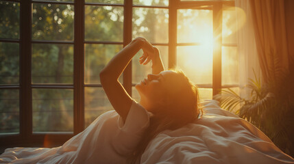 Mulher acordando em sua cama e se espreguiçando ao nascer do sol - obrazy, fototapety, plakaty