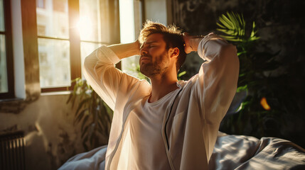Homem acordando em sua cama e se espreguiçando ao nascer do sol  - obrazy, fototapety, plakaty