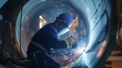 Homem trabalhando em um túnel de aço e soldando 