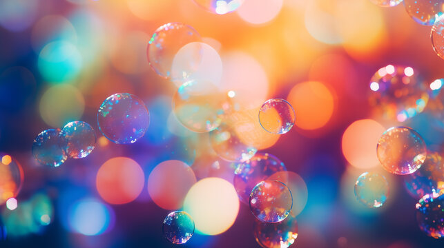  An image of soap bubbles of various sizes and colors with a beautiful bokeh background. Generative AI