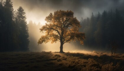 Obraz na płótnie Canvas Whispers of Autumn: A Solitary Tree Stands Amidst the Mystical Beauty of a Fog-Enveloped Forest, Capturing the Ethereal Charm of Fall in Tranquil Isolation. AI generated