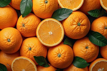 Many orange presenting vibrant array of fresh juicy and organic appeal embodying healthy vitamins in sweet and ripe background of citrus nature ideal for vegetarian diet leaves accentuating freshness - obrazy, fototapety, plakaty
