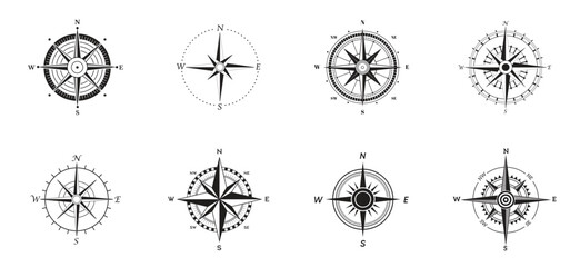 Compass Silhouette Icon Set on White Background. Rose Wind Glyph Pictogram. - obrazy, fototapety, plakaty