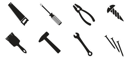 Set of black silhouettes of tools, vector. Editable tools design. - obrazy, fototapety, plakaty