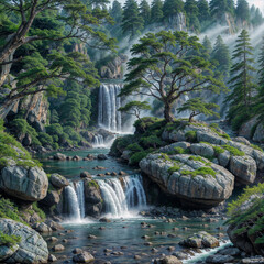 Idyllic fantasy forest landscape of trees in spring and high rocky cliffs with multiple cascading waterfalls, misty river water flowing over moss covered rocks and boulders. Pristine natural beauty.