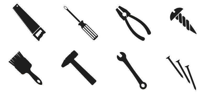 Set of black silhouettes of tools, vector. Editable tools design.