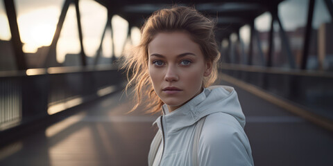 Fototapeta premium Caucasian Woman, Young and Stylish: Portrait of a Fashionable Lady Posing with Serious Elegance in the Urban Background