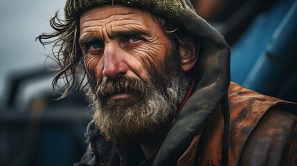 Pensive bearded man with intense gaze in rugged outdoor setting