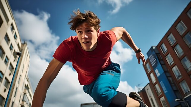 Dynamic urban freerunner jumping high in the city, showing movement and energy