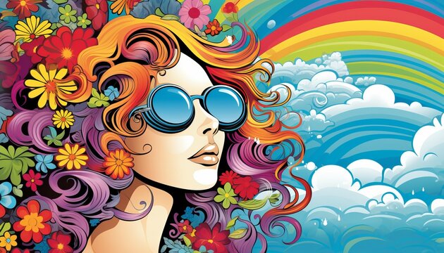 Psychedelic spring hippie poster with cute girl in flower character on rainbow background