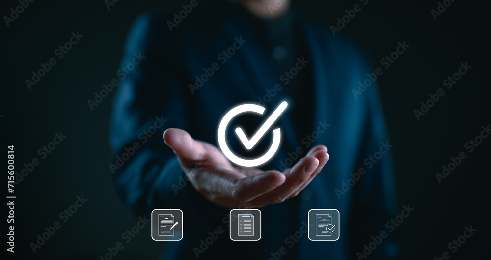 Poster Client's service and guarantee check mark in business automation, Businessman with guarantee check for client service, business automation, quality management, online shopping, and financial ecosystem