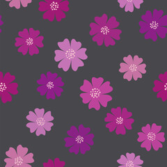 Seamless pattern with flowers. Flower with six petals.  Design in retro style for  girls. Delicate pink violet colours. Flowers on gray background. Vector illustration for paper, textile, cards.