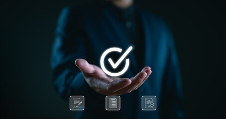 Client's service and guarantee check mark in business automation, Businessman with guarantee check for client service, business automation, quality management, online shopping, and financial ecosystem