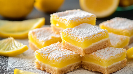 Delicious lemon square bars with buttery shortbread crust and silky lemon curd filling. Traditional dessert of American cuisine