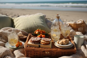 Fototapeta premium Wicker picnic basket with tasty food on beach, space for text