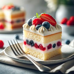 Delicious fresh chocolate cake with strawberry on grey table