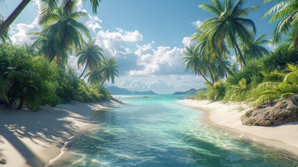 Take a trip to a serene seaside paradise with a picture of the ocean that is remarkably realistic and palm trees.
