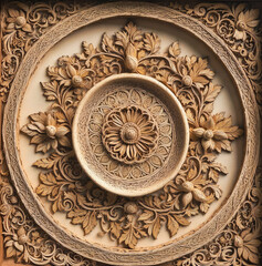 Vintage ornament plate with ancient gold floral patterns on wooden texture. Generative ai