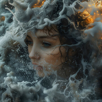A girl with her hair dripping over the top of water, in the style of detailed atmospheric portraits, fluid formation, uhd image, wojciech siudmak, intricate texture, tumblewave, epic portraiture
